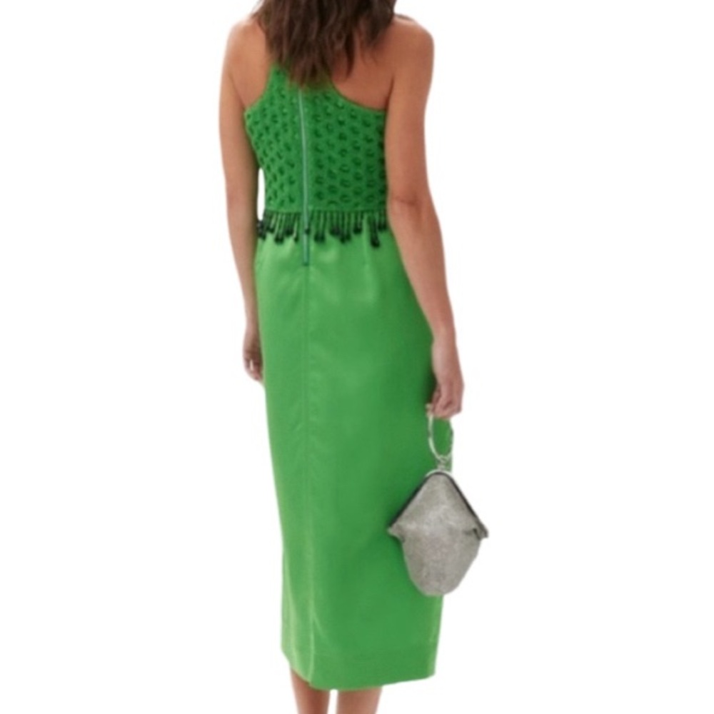 NWT Ganni Green Smocked Beaded Detail Satin Maxi Dress - Sz 4 - Picture 2 of 11